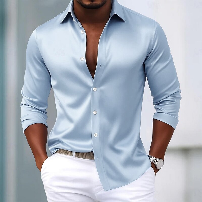 Men's Shirt Satin Shirt Dress Shirt Casual Shirt Button Up Shirt Prom Shirt Plain Formal Wedding Light Blue Black White Wine Long Sleeve Lapel All Seasons Clothing Apparel3