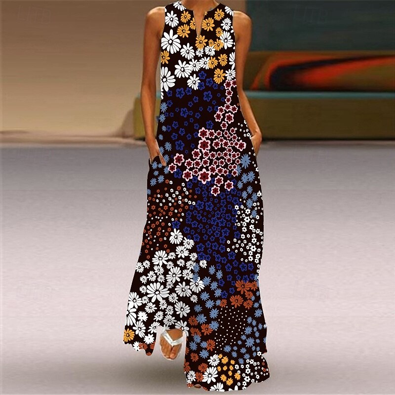 Women's Long Dress Maxi Dress Floral Dress Print Dress Fashion Modern Outdoor Going out Weekend Regular Fit Floral Sleeveless Crew Neck V Neck Yellow Dark Green Dark Blue Rose Red Summer Spring2