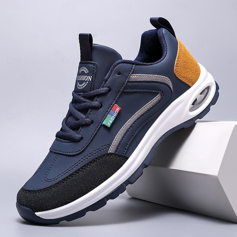 Men's White and Navy Faux Leather Fashion Sneakers – Comfortable Casual Lace-Up Shoes for Travel, Walking and Urban Streetwear