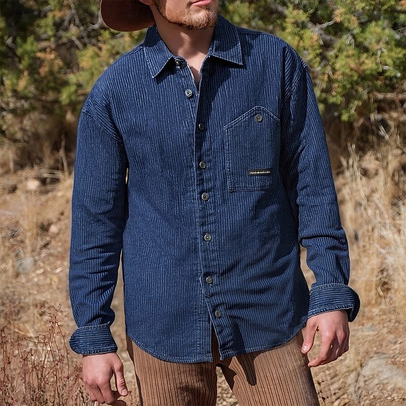 Men's Shirt Casual Shirt Button Up Shirt Denim Shirt Black Blue Long Sleeve Stripe Lapel Vacation Hawaiian Pocket Clothing Apparel Polyester Fashion Casual Comfortable
