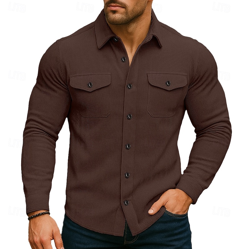 Men's Corduroy Shirt Black Brown Long Sleeve Turndown School Training Pocket Clothing Apparel Vintage Casual