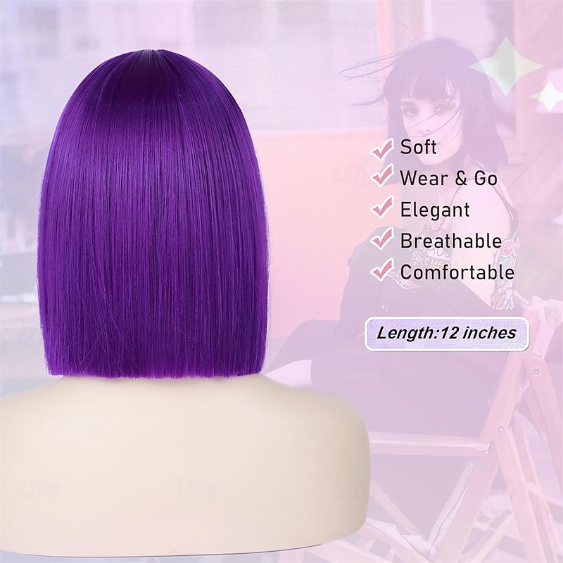 Purple Bob Wig With Bangs Short Straight Dark Purple Bob Wigs for Women Shoulder Length Heat Resistant Synthetic Flat Bang Wigs for Daily Party Cosplay Halloween or Fun3
