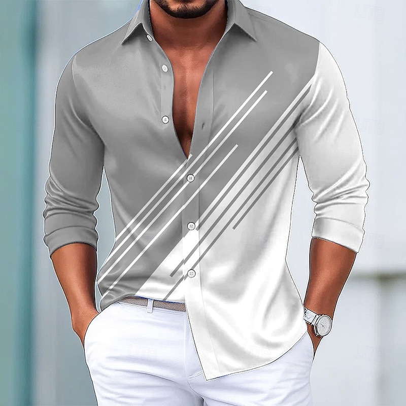 Men's Geometric Shirt Satin Shirt Dress Shirt Long Sleeve Fashion Casual Formal Vacation Dailywear Summer Spring Fall Turndown 3D Print Button Up Shirts Blue Purple Green Gray4