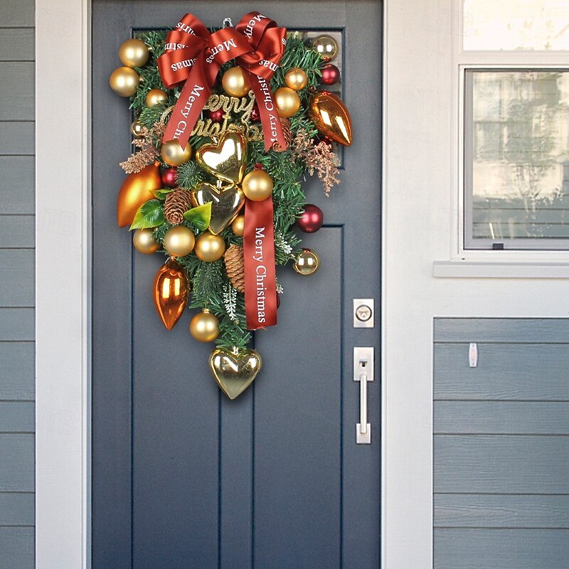 Christmas Swag Wreath for Front Door, Indoor & Outdoor Decoration, Heart-Shaped Ornaments with Hanging Bows and Colorful Balls, Holiday Window, Wall, and Door Hanging Decor3