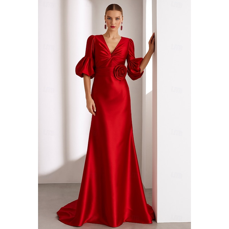 Red Black A-Line Evening Gown Elegant Formal Dress Formal Wedding Floor Length Half Sleeve V Neck Belt / Sash Satin with Ruched 2025