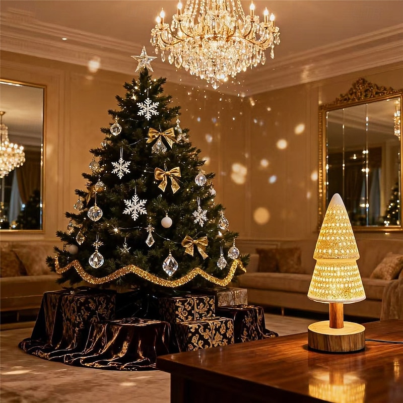 Ceramic Christmas Tree Hollow Decorative Light LED Creative Atmosphere Light Bedroom Bedhead Desk Lamp Christmas Gift Light Festival Party Atmosphere Light Battery Box 1PC3