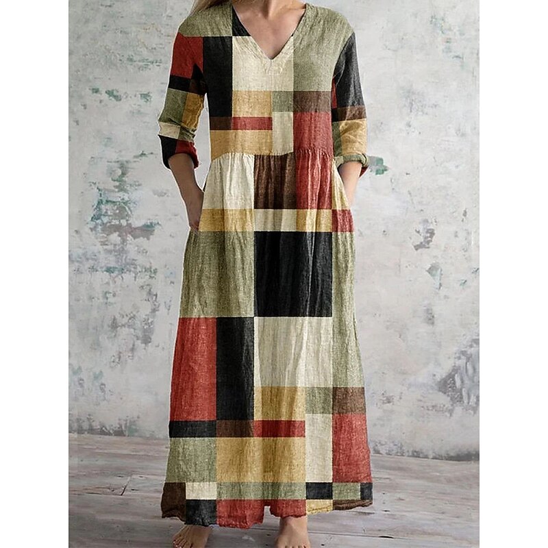 Women's Midi Dress Shift Dress Vacation Casual Daily Loose Fit Floral Long Sleeve V Neck Yellow Blue Brown Green Spring Fall3