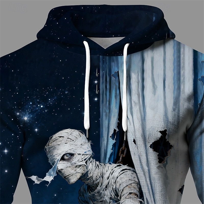 Halloween Men's Graphic Monster Hoodie Fashion Daily Hooded Vacation Party Streetwear Blue Drawstring Pocket Printing Fall Winter Designer2
