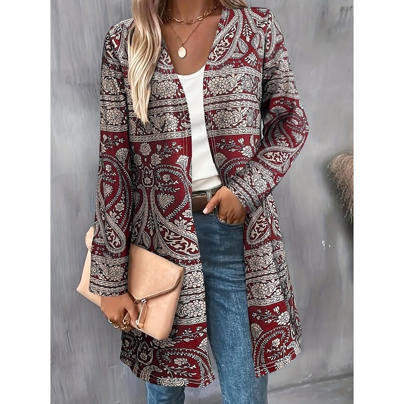 Women's Winter Coat Trench Coat Lightweight Comfortable Print Open Front Vintage Fashion Casual Boho Vintage Geometric Vacation Casual Long Collarless Regular Fit Long Sleeve Outerwear Red Blue Purple2
