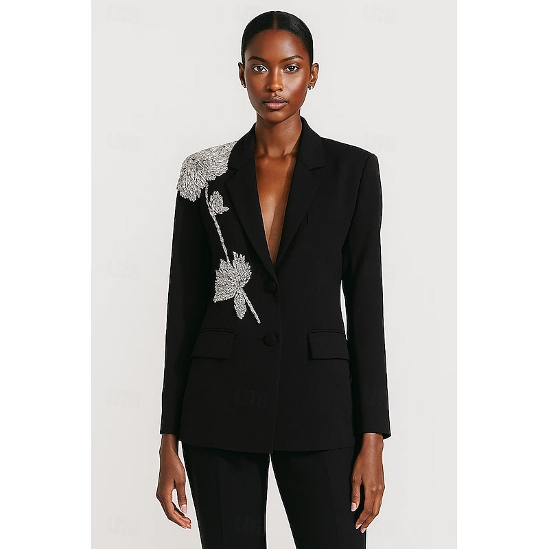 Women's Blazer Sport Coat Formal Wedding Guest Rhinestones Elegant Long Sleeve Notched Lapels Single Breasted