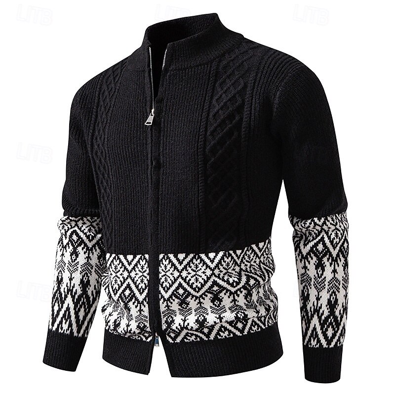 Men's Sweater Cardigan Sweater Fair Isle Sweater Ribbed Cable Knit Regular Tops Patchwork Color Block Plain Stand Collar Vacation Fashion Casual Daily Wear Clothing Apparel Spring &  Fall Black Green4