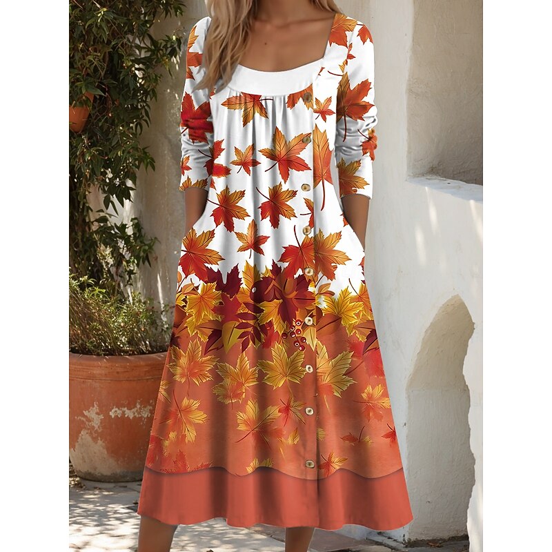 Women's Midi Dress Shift Dress A Line Dress Casual Daily Regular Fit Graphic Leaf Long Sleeve Square Neck Yellow Orange Brown Fall Winter