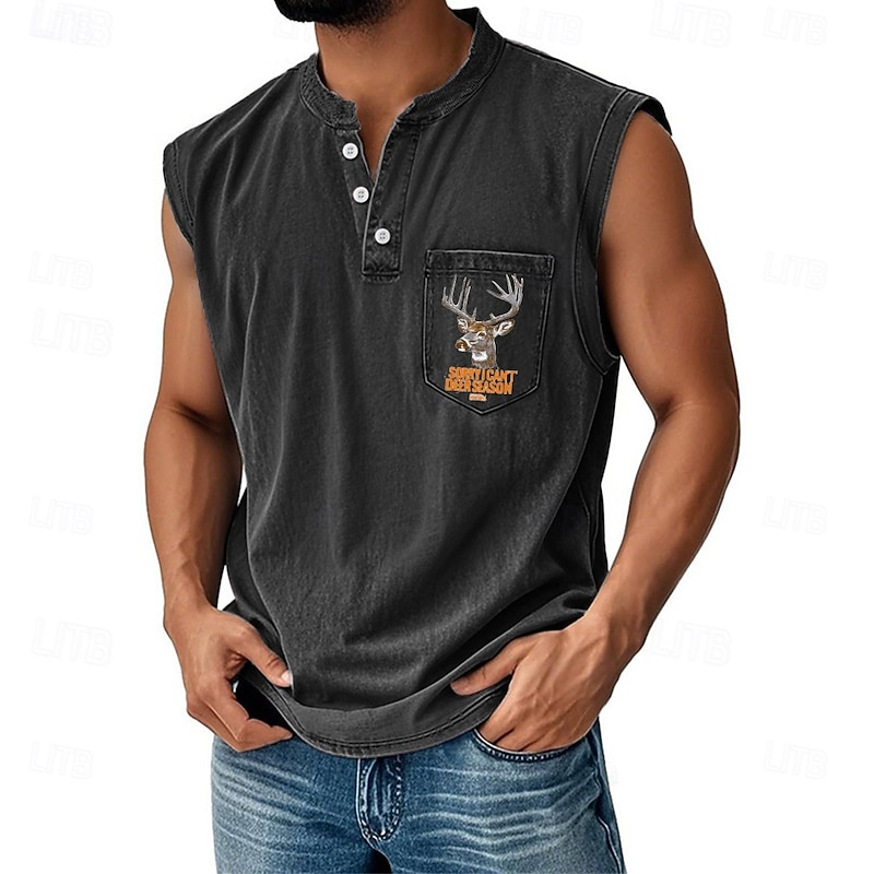 Men's Vest Top Undershirt Sleeveless Shirt Sleeveless Henley All Seasons Reindeer Deer Fashion Designer Pocket Vacation Street Going out Black Pink Dark Navy Top Tee for Men