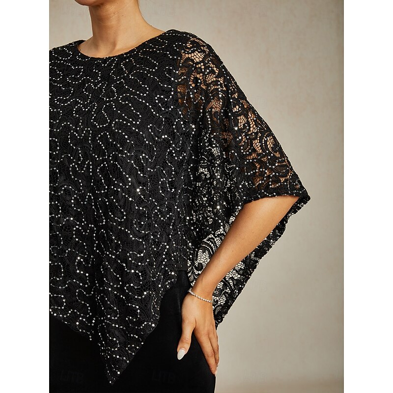 Women's Poncho Dressy Tops Lace Tops Evening Tops Solid Color Elegant Stylish Sleeveless Crew Neck Regular Tops Wedding Guest Party Evening Wear Evening Party Sequins Lace Black Spring, Fall, Winter3