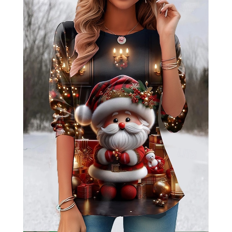 Christmas Women's T Shirt Santa Claus Snowflake Vintage Stylish Classic Long Sleeve Crew Neck Round Neck Regular Tops Weekend Print Black Red Blue Light Grey Winter3