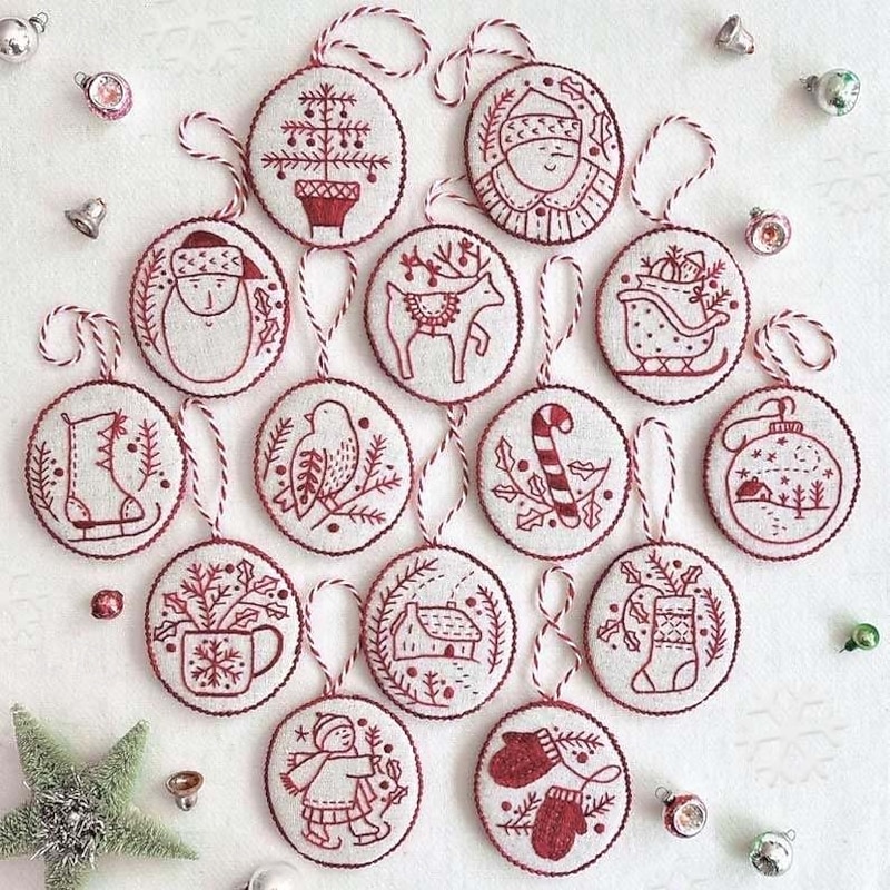 12pcs Hand Needlepoint Christmas Ornament Kit, Embroidery Christmas Ornaments Kits, DIY Hand Embroidery Ornament Kit for Beginners, Complete Needlepoint Starter Set with Easy & Instructions