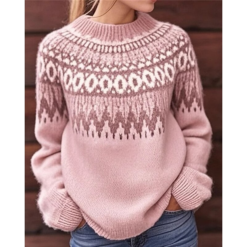 Women's Sweater Fair Isle Sweater Fashion Streetwear Casual Geometric Ribbed Crew Neck Knitted Long Sleeve Regular Tops Knit Outdoor Daily Weekend White Pink Fall Winter3