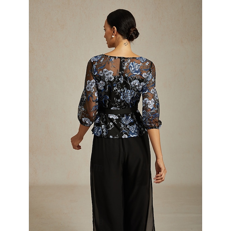Women's Dressy Tops Elegant 3/4 Length Sleeve Crew Neck Wedding Guest Evening Party Semi Formal Embroidered Illusion Lace Black Spring Fall Winter2