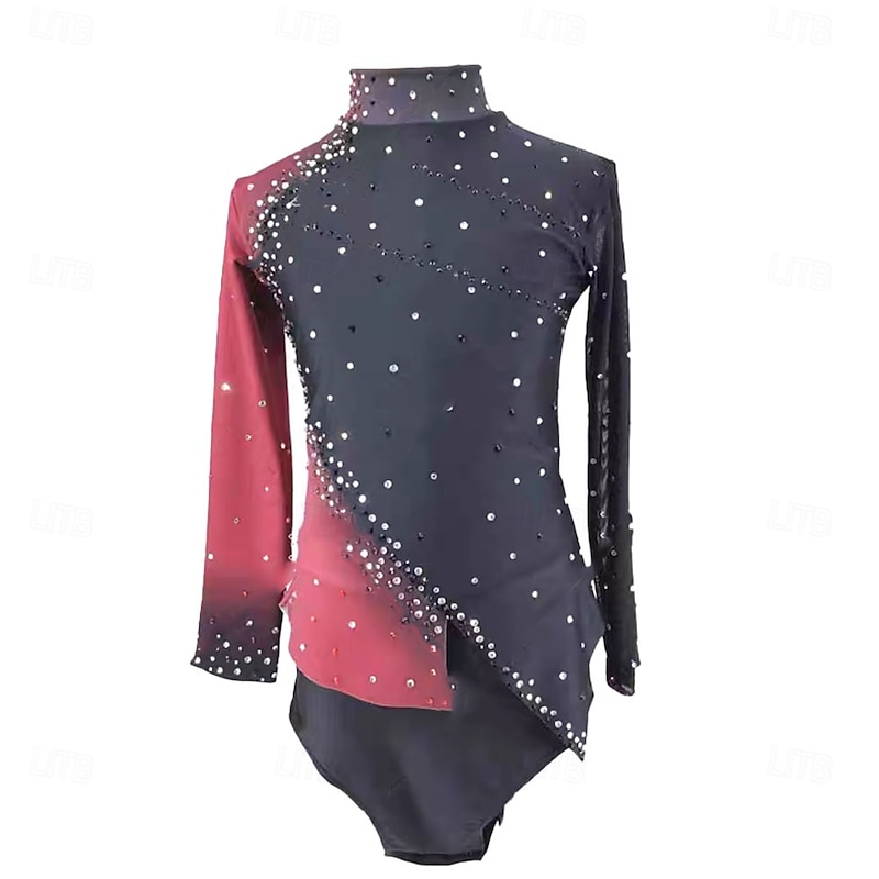 Figure Skating Top Men's Boys' Ice Skating Tops Black+Red Patchwork Asymmetric Hem Spandex High Elasticity Training Professional Competition Skating Wear Classic Crystal / Rhinestone Long Sleeve Ice
