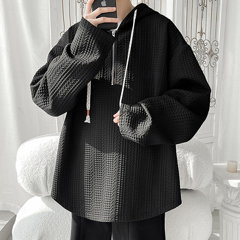 Men's Hoodie Quarter Zip Hoodie Black White Khaki Coffee Hooded Plain Jacquard Drawstring Sports & Outdoor Daily Holiday Polyester Streetwear Basic Casual Spring Fall Clothing Apparel Hoodies3