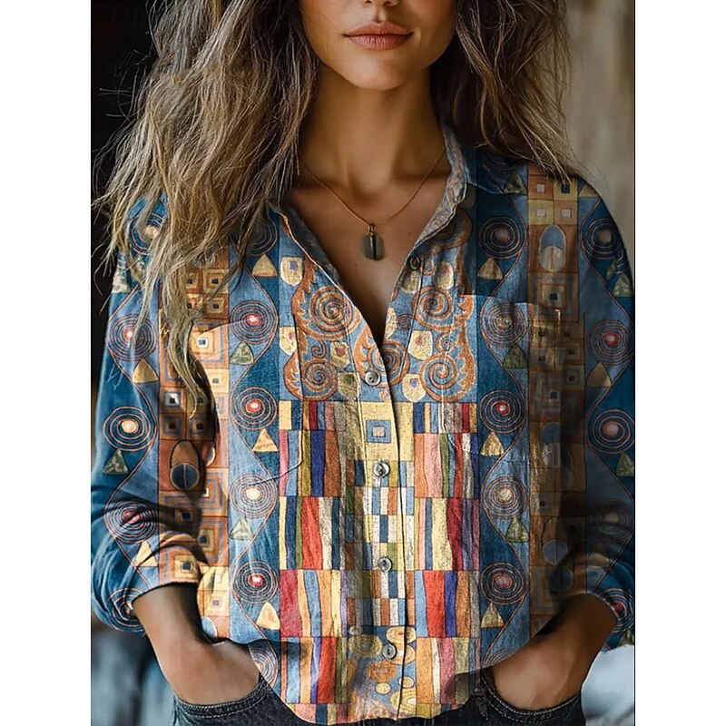 Women's Shirt Floral Graphic Paisley Elegant Stylish Retro Vintage Long Sleeve Shirt Collar Regular Tops Daily Holiday Pocket Buttons Print Blue Sky Blue Khaki Summer2
