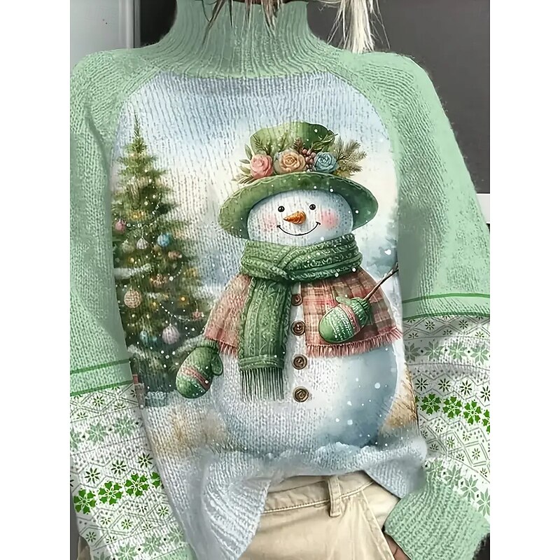 Women's Sweater Pullover Daily Casual Graphic Christmas Tree Snowman Ribbed Turtleneck Knitted Print Long Sleeve Regular Tops Knit Outdoor Weekend Green Fall Winter