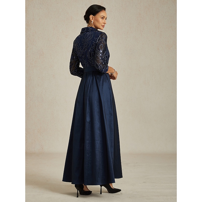 Women's Maxi Dress A Line Dress Fit And Flare Dress Elegant Party Formal Evening Party Paisley 3/4 Length Sleeve Shirt Collar Navy Blue Fall Winter2