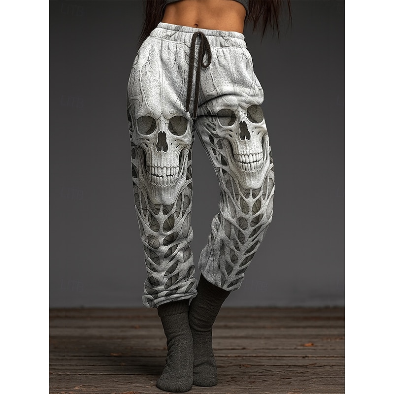 Women's Skinny Vacation Vintage Fashion Full Length High WaistPantsHalloween Skull Halloween Drawstring Patchwork Elastic Waistband Stretchy Formal Vacation Street Dark Grey Light Grey Orange Summer