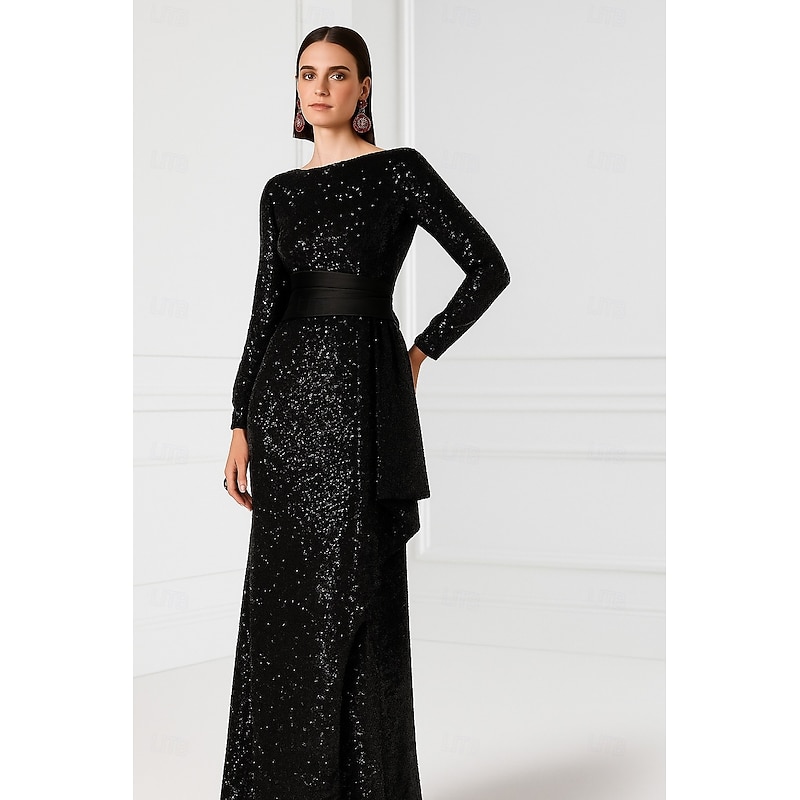 Blue Black Sheath / Column Evening Gown Elegant Formal Dress Formal Wedding Floor Length Long Sleeve Crew Neck Capes Sequined with Glitter Ruffles 20254