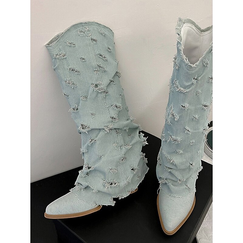 Women's Distressed Denim Knee-high Boots with Chunky Heel, Fashionable and Trendy Footwear for Casual Outings and Street Style4