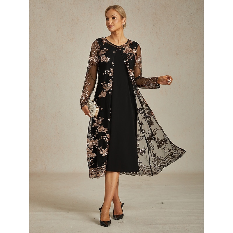 Women's Lace Tops Floral Elegant Stylish Long Sleeve Crew Neck Long Tops Evening Party Semi Formal Beach Wedding Sequins Black Spring Fall Winter