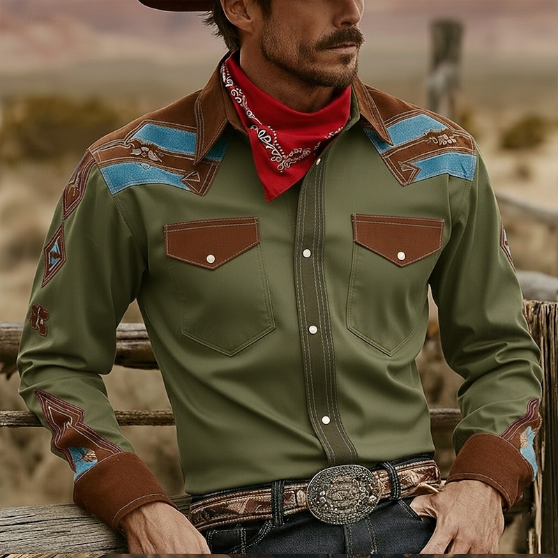 Men's Paisley Floral Print Ethnic Shirt Western Shirt Cowboy Shirt Long Sleeve Vintage Retro Outdoor Daily WorkWear Fall & Winter Turndown 3D Print Front Two Pockets Button Up Shirts Brown Green Khaki2