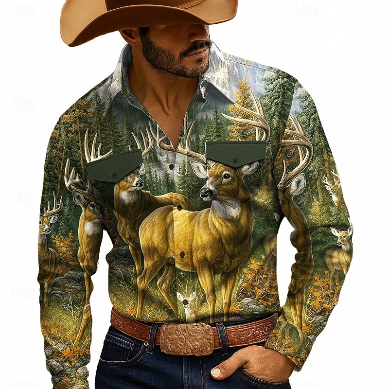 Men's Reindeer Forest Hunting Shirt Western Shirt Cowboy Shirt Long Sleeve Vintage Retro Camping & Hiking WorkWear Hunting Spring Fall Turndown 3D Print Front Two Pockets Button Up Shirts Yellow Green3