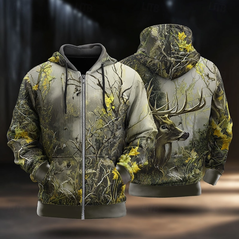 Men's Camo Deer Hoodie Jacket Sweatshirt Fashion Daily Hooded Vacation Hunting Yellow Blue Drawstring Zipper Fall Winter Designer2