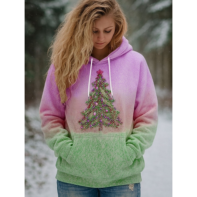 Women's Pullover Hoodie Sweatshirt Graphic Christmas Tree Casual Long Sleeve Hooded Regular Tops Party Evening Wear Street Dailywear Pink Blue Purple Green Spring Fall Winter3