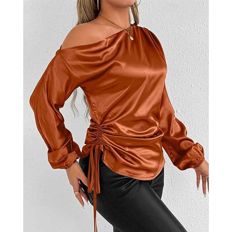 Women's Shirt Elegant Dressy Satin Solid Color Stylish Casual Long Sleeve Cold Shoulder Regular Tops Daily Going out Asymmetric Yellow Brown Spring Fall