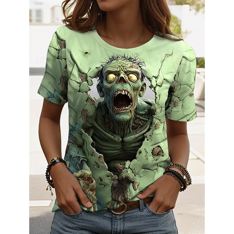 Halloween Women's T Shirt Graphic Skull Vintage Stylish Classic Short Sleeve Crew Neck Regular Tops Daily Weekend Print Pink Blue Purple Green Summer Fall2