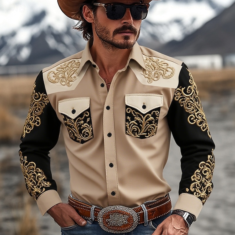 Men's Floral Print Ethnic Flowers Shirt Western Shirt Cowboy Shirt Long Sleeve Vintage Retro Outdoor Daily WorkWear Fall & Winter Turndown 3D Print Front Two Pockets Button Up Shirts Blue Orange Khaki