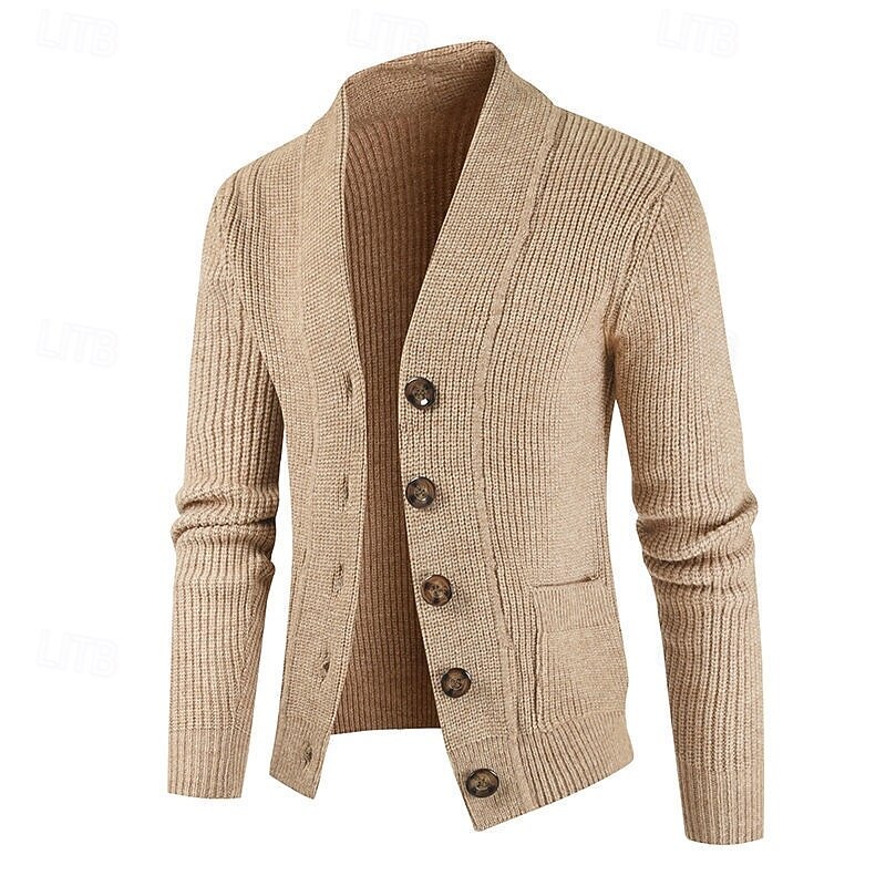 Men's Sweater Cardigan Sweater Ribbed Knit Regular Tops Knitted Plain Collarless Vacation Fashion Casual Daily Wear Clothing Apparel Winter Spring &  Fall Black khaki L XL 2XL2