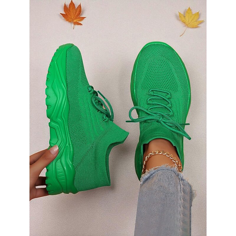 Women's Red Flyknit Chunky Sole Sneakers – Breathable Lace-Up Sports Shoes for Casual Streetwear and Gym Training2