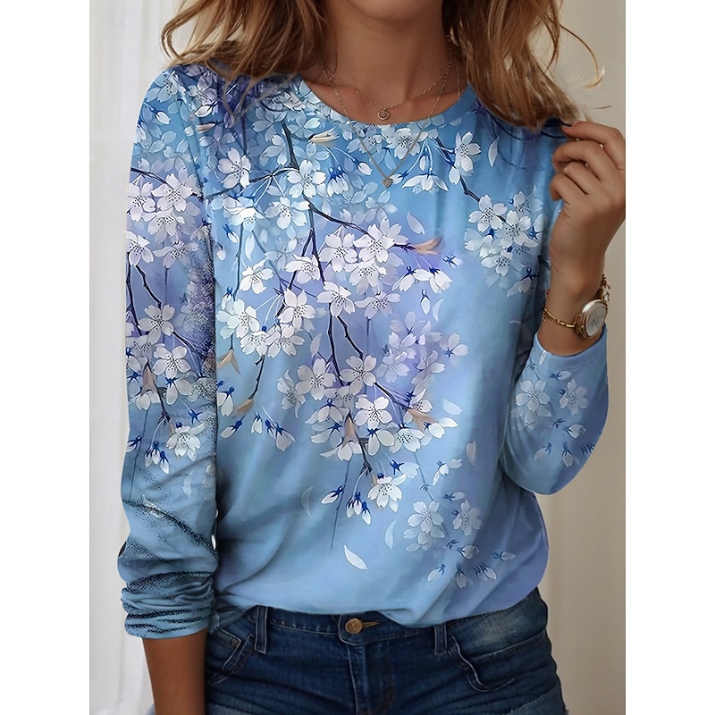 Women's T Shirt Floral Graphic Vintage Stylish Casual Long Sleeve Crew Neck Round Neck Regular Tops Daily Print Yellow Pink Blue Purple Green Spring Fall Winter4
