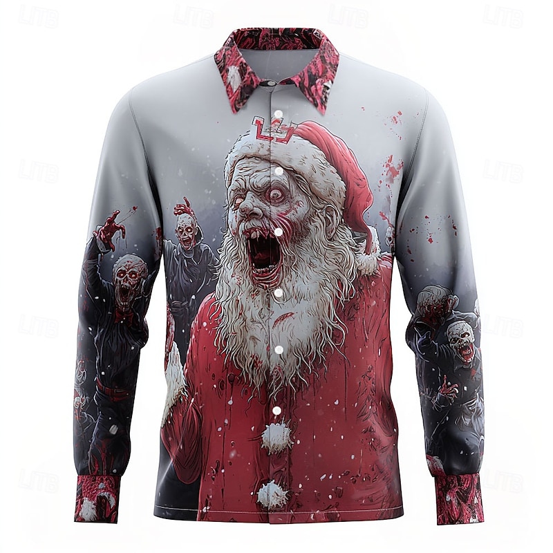 Halloween Men's Santa Claus Zombies Horror Shirt Button Up Shirt Long Sleeve Dark Punk Gothic Style Outdoor Holiday Summer Spring Turndown 3D Print Collared Shirts Light Grey Dark Blue Light Blue