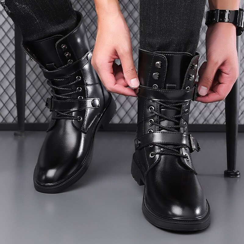 Black Faux Leather Men's Lace-Up Combat Boots with Rugged Sole, Chunky Design and Military Style – Perfect for Bikers, Punk Rock Fashion and Casual Outdoor Wear4