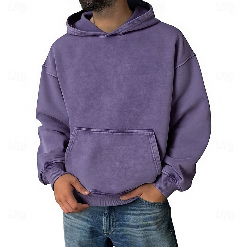 Men's Pullover Hoodie Sweatshirt Distressed Hoodie Black Purple Gray Hooded Plain Pocket Casual Daily Going out Polyester Streetwear Casual Fall & Winter Clothing Apparel Hoodies Sweatshirts