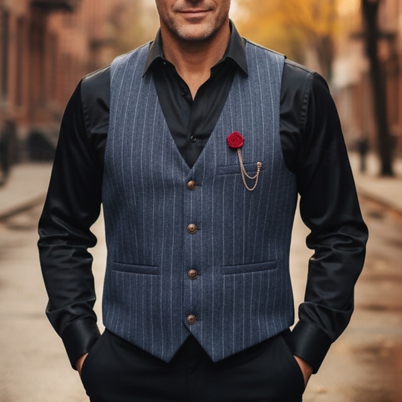 Male Vest Waistcoat Formal Performance Wedding Christmas Vintage Fall Winter Stripe Polyester Striped Single Breasted V Neck Tailored Fit Navy Blue Beige Gray Vest