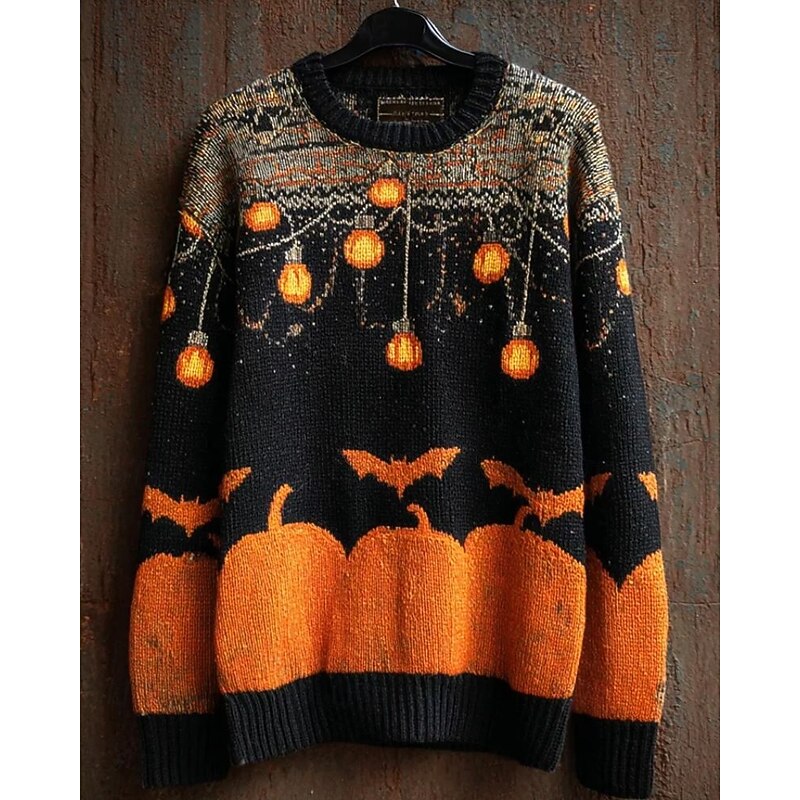 Men's Pullover Sweater Jumper Knit Sweater Ribbed Knit Regular Tops Knitted Print Pumpkin Crew Neck Vintage Halloween Vacation Daily Wear Clothing Apparel Drop Shoulder Fall Winter Pumpkin S M L2