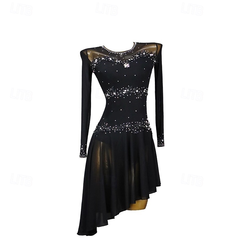 Latin Salsa Dance Dress Crystal / Rhinestone Splicing Women's Performance Party Long Sleeve Spandex Stretch Yarn3