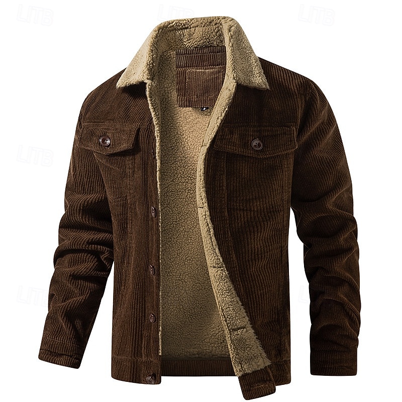 Men's Corduroy Jacket Fleece Jacket Formal Home Thermal Warm Pocket Plain Fall Winter Solid Color Active Neutral Shirt Collar Regular Black Khaki Dark Gray Coffee Jacket2