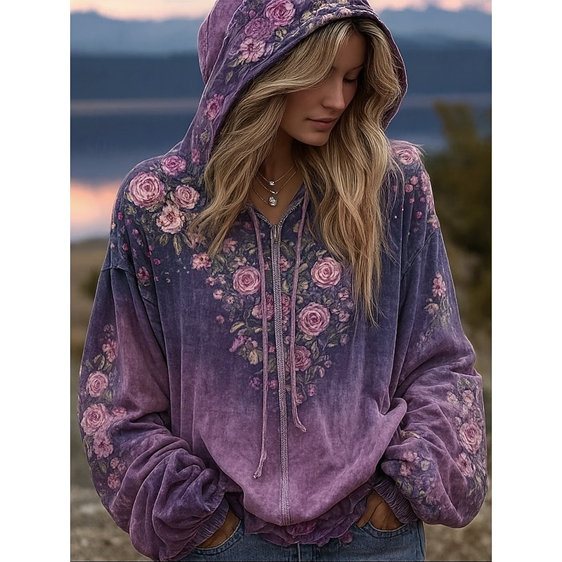 Women's 3D Print Vintage Boho Hoodie Patchwork Hoodie Sweatshirt Floral Zip Up s Floral Punk Active Vintage Long Sleeve Hooded Regular Tops Home Dailywear Casual Purple Fall Winter
