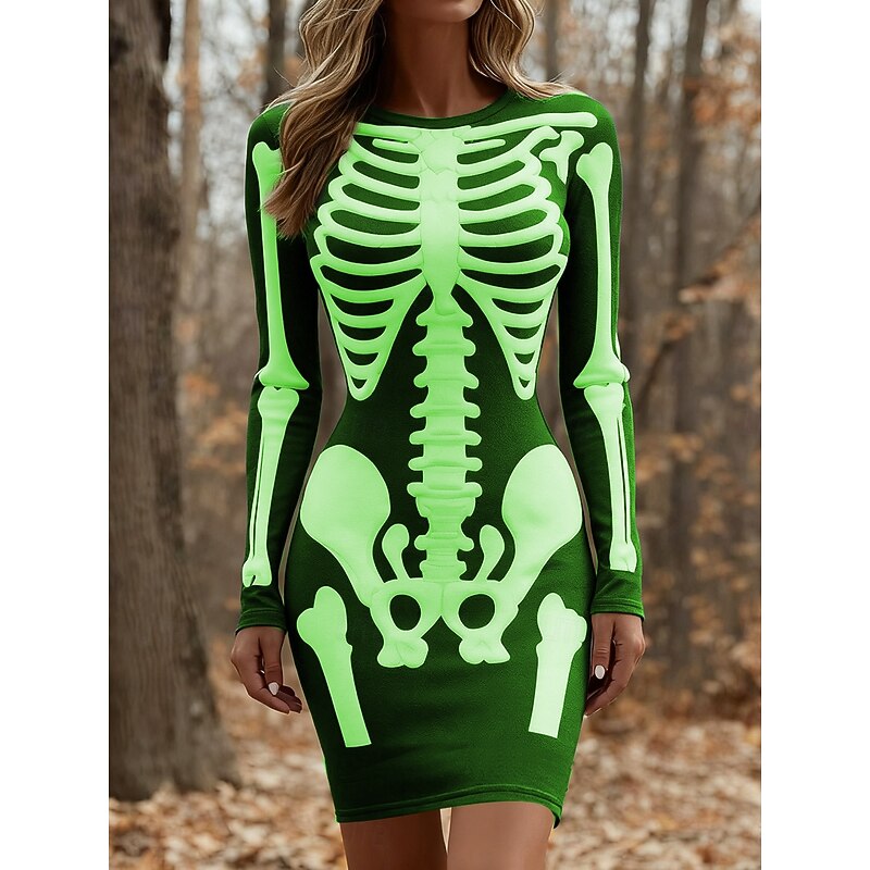 Halloween Women's Mini Dress T Shirt Dress Tee Dress Bodycon Dress Vacation Casual Party Daily Slim Graphic Skull Long Sleeve Crew Neck White Red Purple Green Spring Fall Winter4